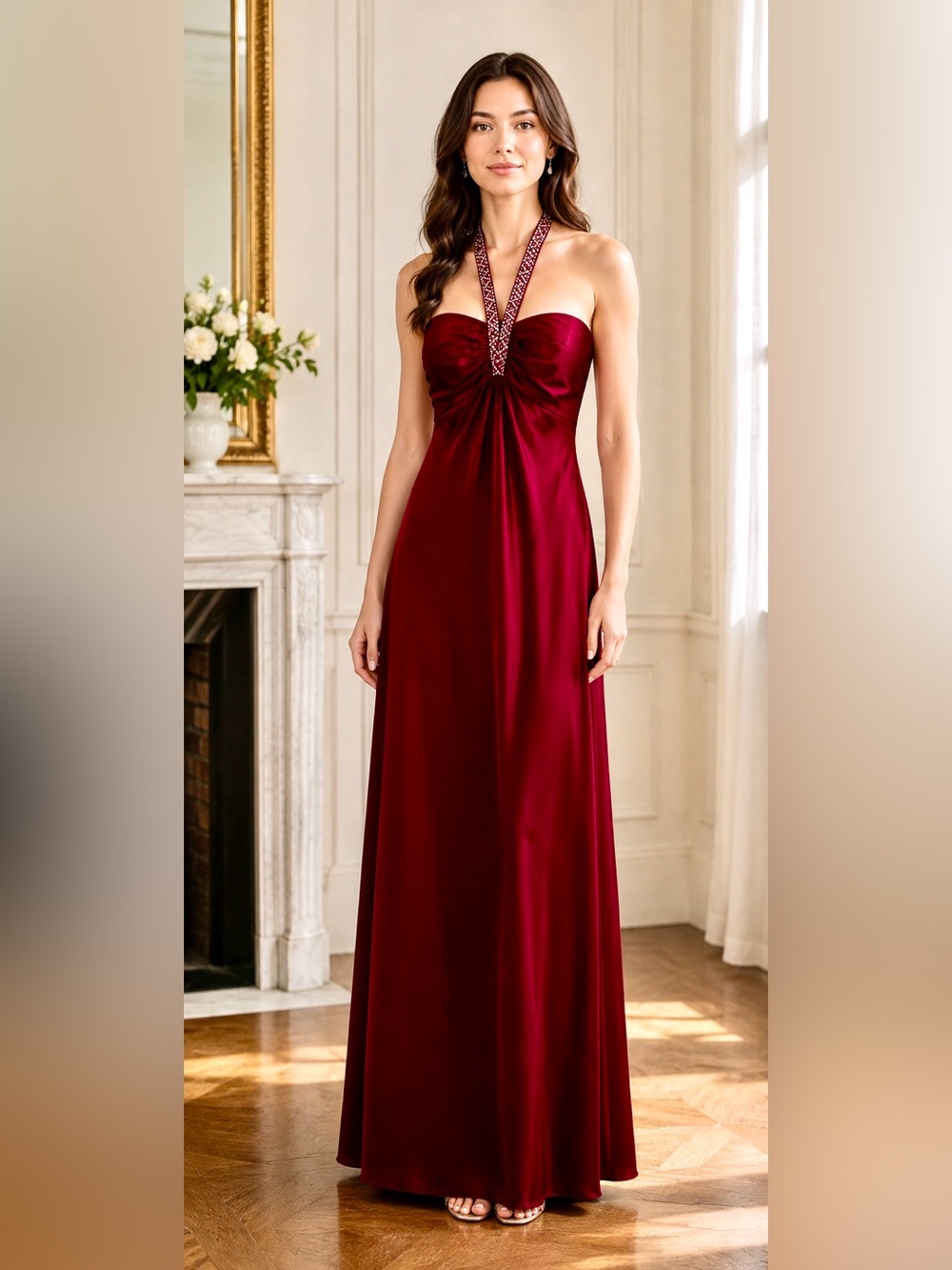 Jump Strapless Formal Gown/Prom in Deep Burgundy with Embellished Halter Detail